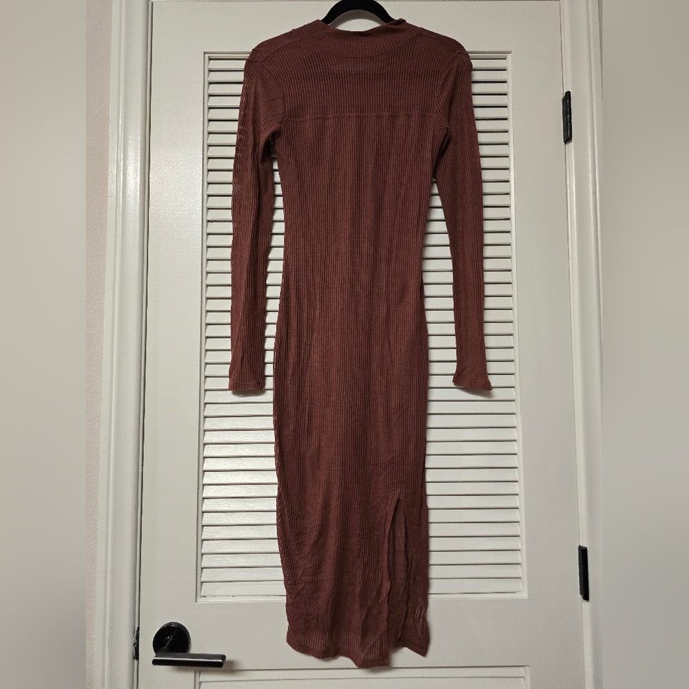 Express - Brown Lightweight Ribbed Long-Sleeve Bodycon Dress
